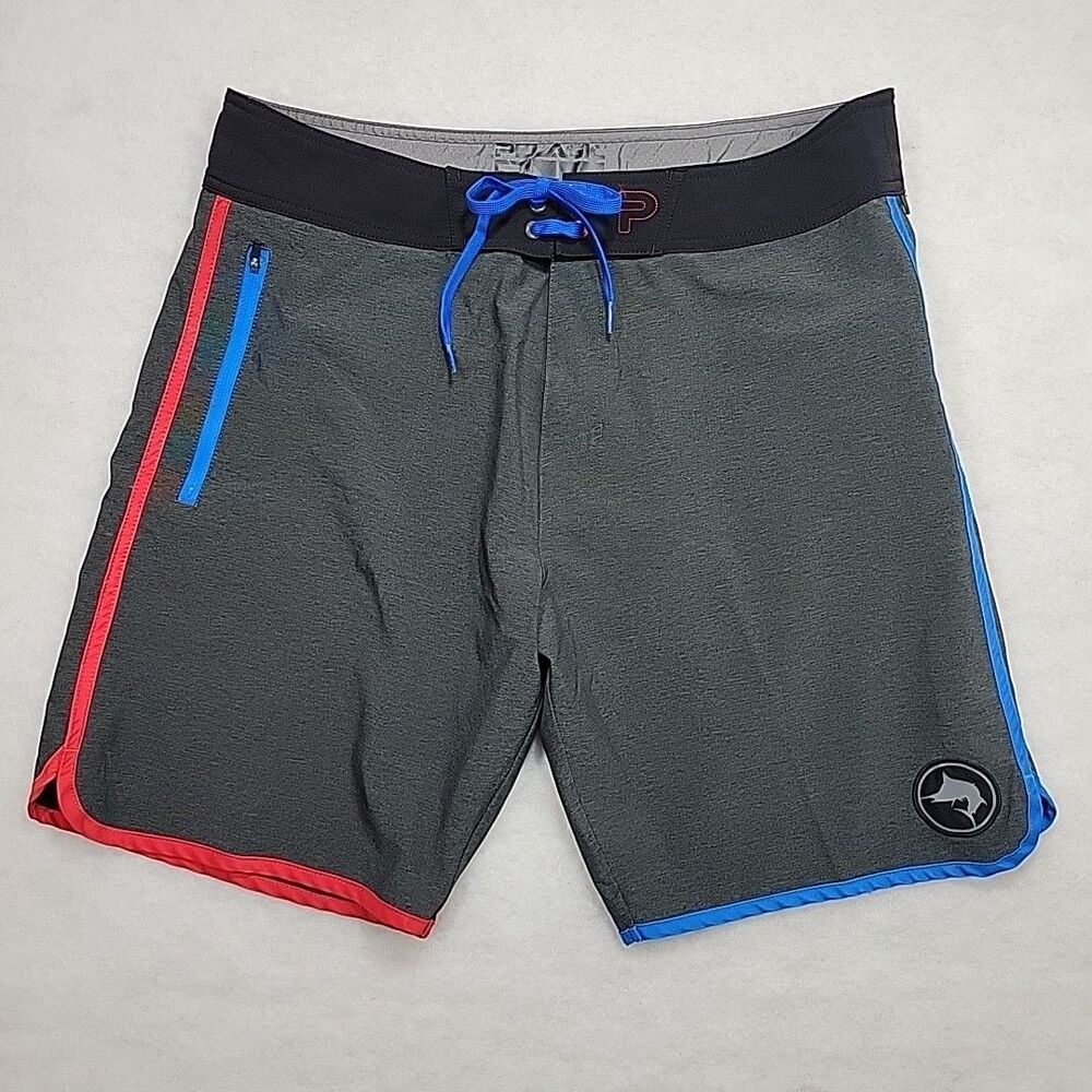 Pelagic The Wedge Limited Boardshorts Gray Blue Red Trim Logo Walking Sz 36